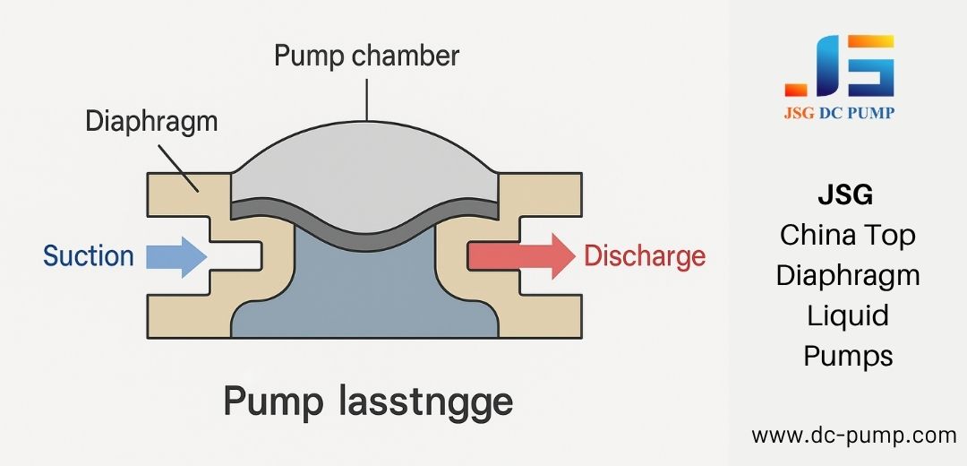 Detailed cutaway of a diaphragm and pump chamber with flow arrows