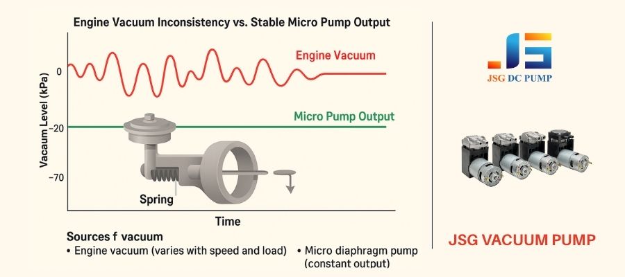 Graph showing inconsistent engine vacuum levels vs. stable micro pump vacuum output