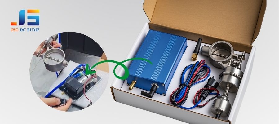 Image of a high-quality micro vacuum pump next to an assembled exhaust valve controller kit ready for packaging