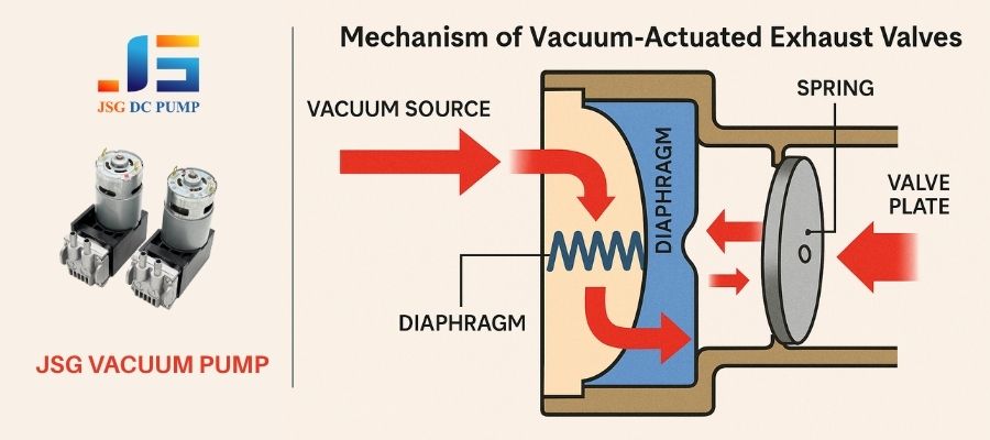 Animated diagram showing vacuum pulling a diaphragm to open/close an exhaust butterfly valve, highlighting the vacuum source