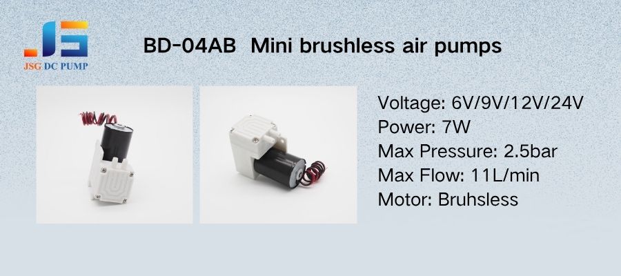 Image of a BODENFLO BD-04AB pump with key specifications highlighted: 1 bar working pressure, 11 L/min flow, 12V