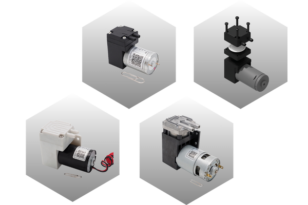 Four types of DC micro air pumps displayed in geometric frames, arranged by size from smallest to largest.