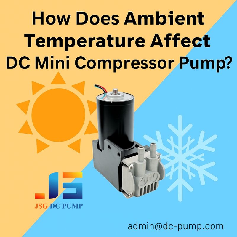 DC mini compressor pump affected by high and low ambient temperatures, illustrated with red and blue thermometers.