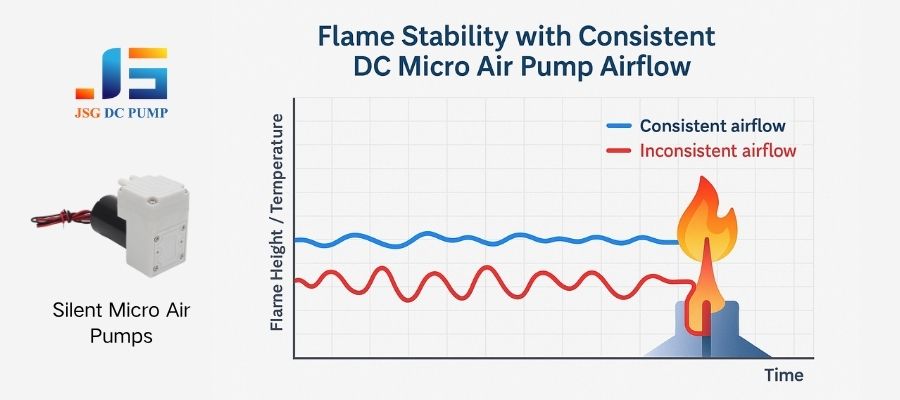 Graph comparing a stable flame height/temperature with consistent airflow vs. an unstable flame with fluctuating airflow