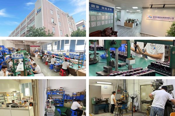 Collage of JSG DC PUMP factory and production workshop showing office, assembly lines, testing stations, and machining areas.