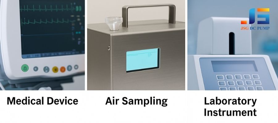 Collage of different applications: a medical device, an air sampling unit, another lab instrument