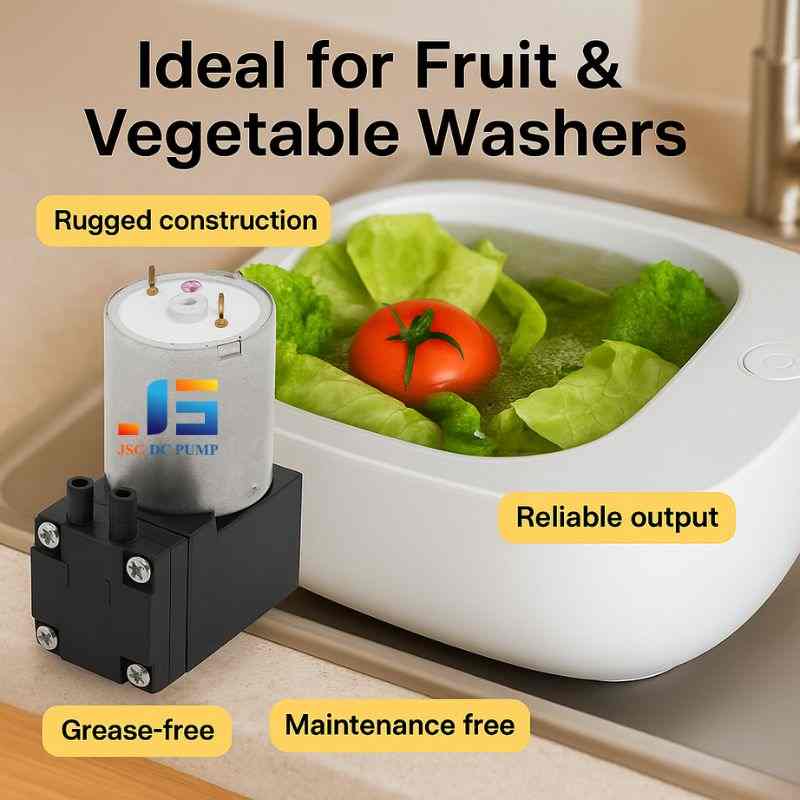 Compact micro air pump installed near a fruit and vegetable washer, highlighting key features like grease-free and reliable output