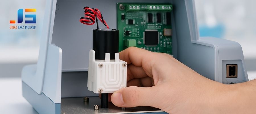 Image showing a micro air pump being easily fitted into the chassis of a flame photometer mock-up