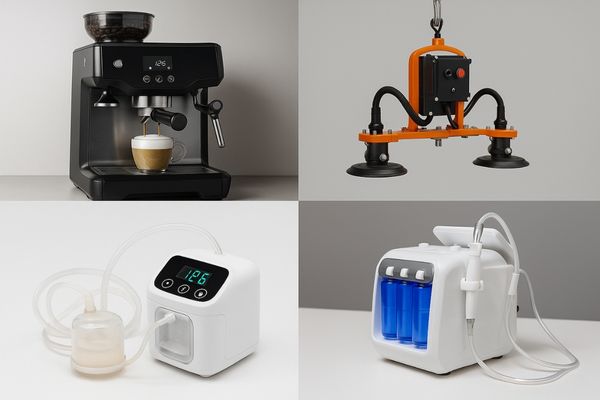 Four devices powered by micro air pumps: a cappuccino coffee machine, a vacuum clamping tool for industrial use, a medical negative pressure wound therapy device, and a hydrogen-oxygen skincare bubble facial machine.