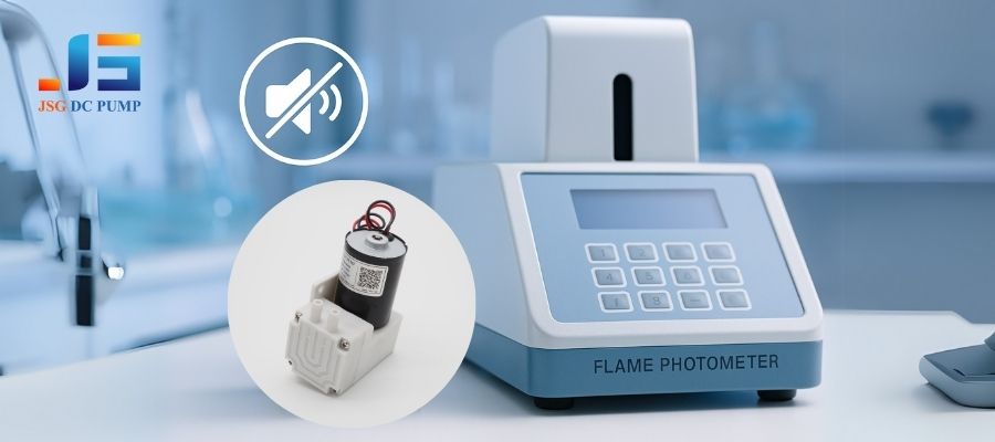 Image of a compact micro air pump next to a flame photometer instrument, with a