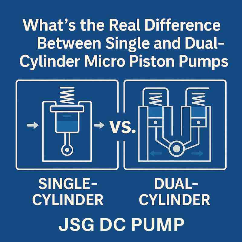Illustration comparing single-cylinder and dual-cylinder micro piston pumps with visual indicators for flow difference.