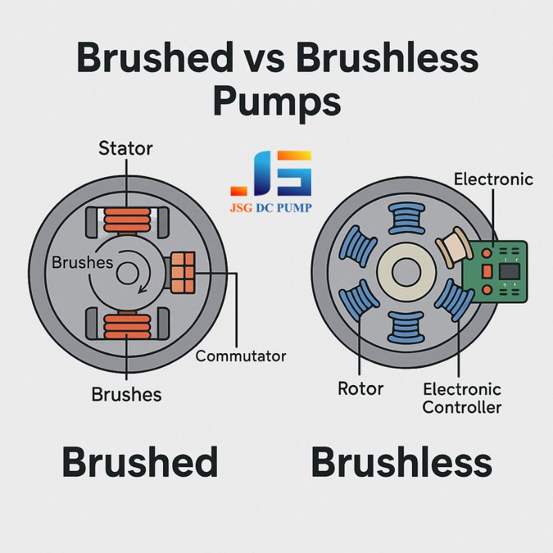 Brushed vs brushless DC pump comparison diagram showing internal motor components