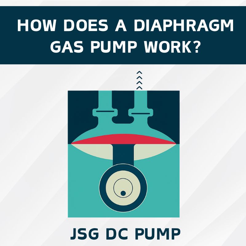 Diagram of a diaphragm gas pump with the title “How Does a Diaphragm Gas Pump Work?” and JSG DC PUMP branding.