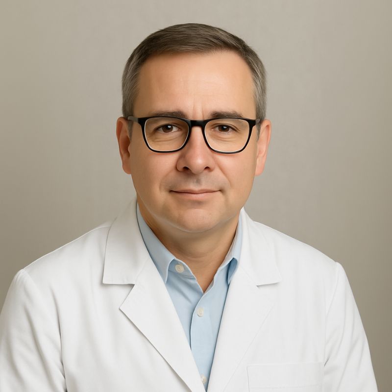 Portrait of a procurement director in the German medical OEM industry, wearing glasses and a charcoal suit