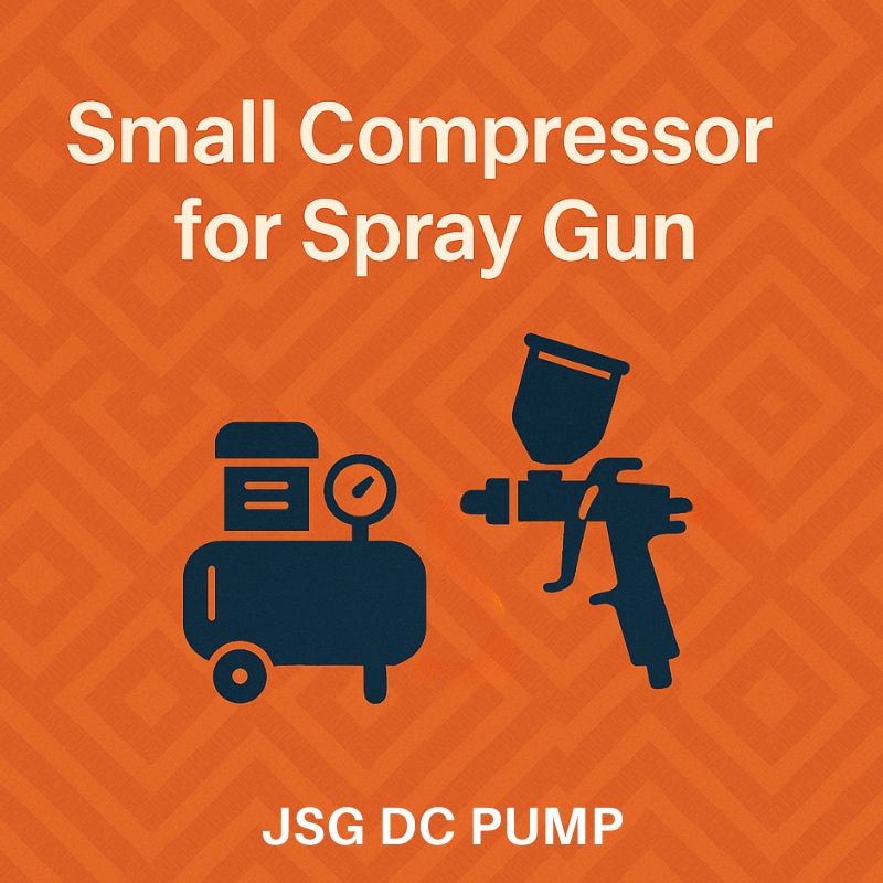 Small compressor for spray gun with JSG DC PUMP branding on orange background