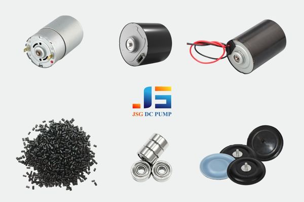 High-quality components of DC vacuum pumps including brush and brushless motors, plastic granules, bearings, and diaphragms from JSG DC PUMP.