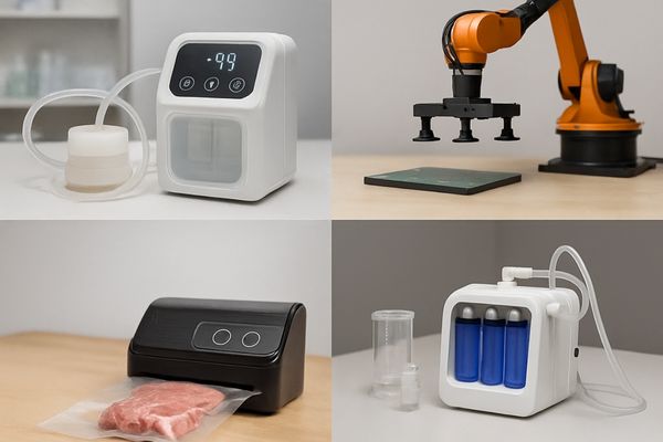 Collage of four application scenes for DC vacuum pumps, including medical NPWT device, robotic arm with vacuum gripper, smart home food vacuum sealer, and laboratory gas sampling system.