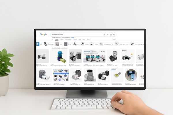 Searching for micro DC diaphragm vacuum pump suppliers on Google using a desktop computer