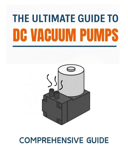 Illustrated cover image for a professional guide to DC vacuum pumps, featuring a cartoon-style mini pump and technical-themed layout.