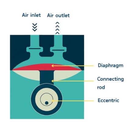 Illustration of a DC vacuum pump's internal working principle showing air inlet, air outlet, diaphragm, connecting rod, and eccentric cam.
