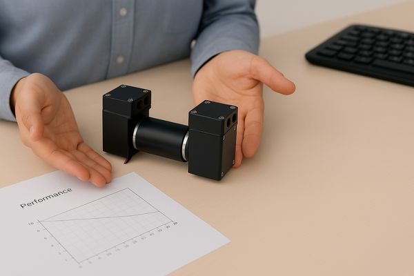 Engineer presenting a double head mini vacuum pump on a desk with performance chart during product evaluation