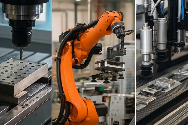 Industrial automation scene featuring robotic grippers, CNC vacuum clamping, and automated pick-and-place systems using DC vacuum pumps.