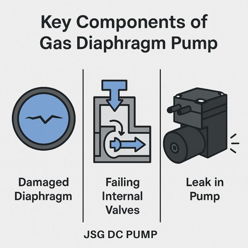 Key components of a gas diaphragm pump infographic showing damaged diaphragm, failing internal valves, and pump leaks with mini diaphragm pump illustration.