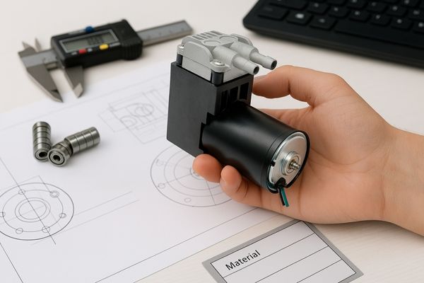 Engineer holding a micro piston vacuum pump for 12V or 24V systems during product selection and design verification process