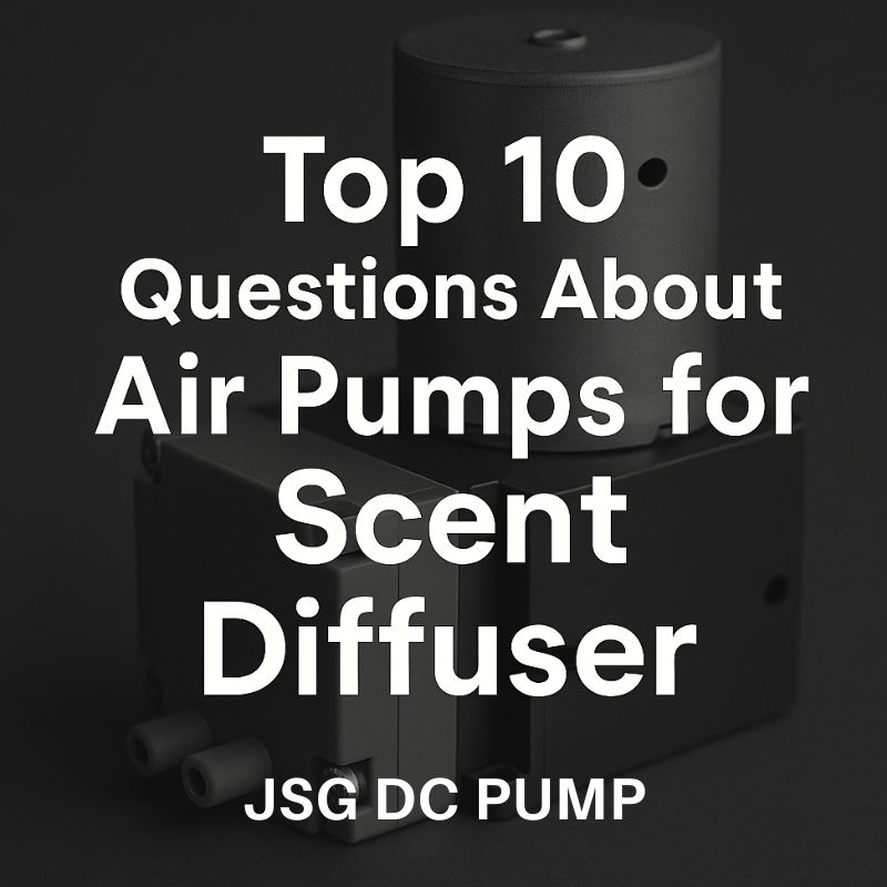Cover image for article 'Top 10 Questions About Air Pumps for Scent Diffuser' featuring a sleek black miniature diaphragm air pump in a minimalistic style
