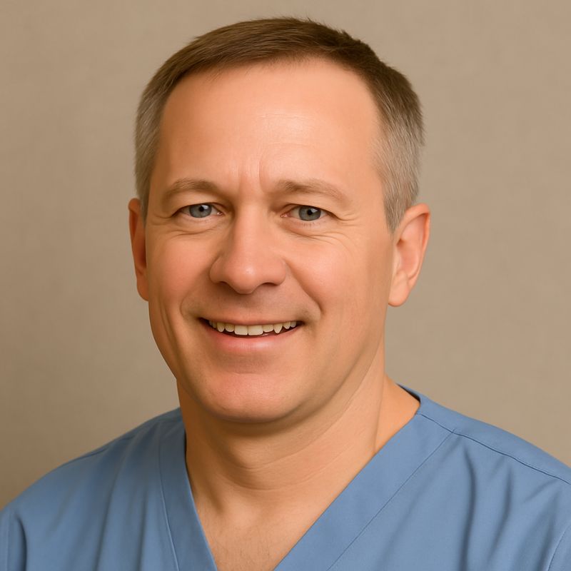 Portrait of a middle-aged Caucasian man in medical scrubs representing a US medical device client for negative pressure wound therapy pumps
