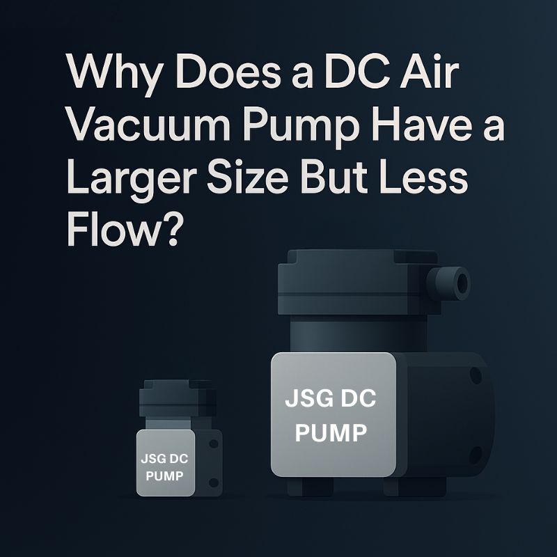 Two DC air vacuum pumps side by side, showing why a larger pump size may result in less flow, with JSG DC PUMP branding.