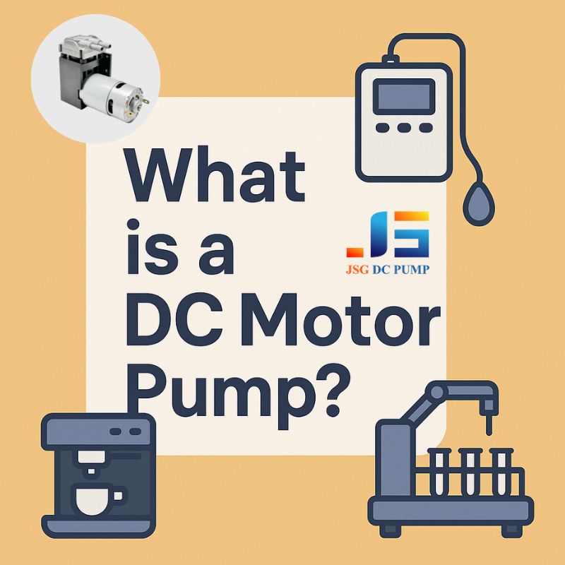 Flat-style graphic asking "What is a DC Motor Pump?" with icons of medical device, coffee machine, and robotic lab equipment