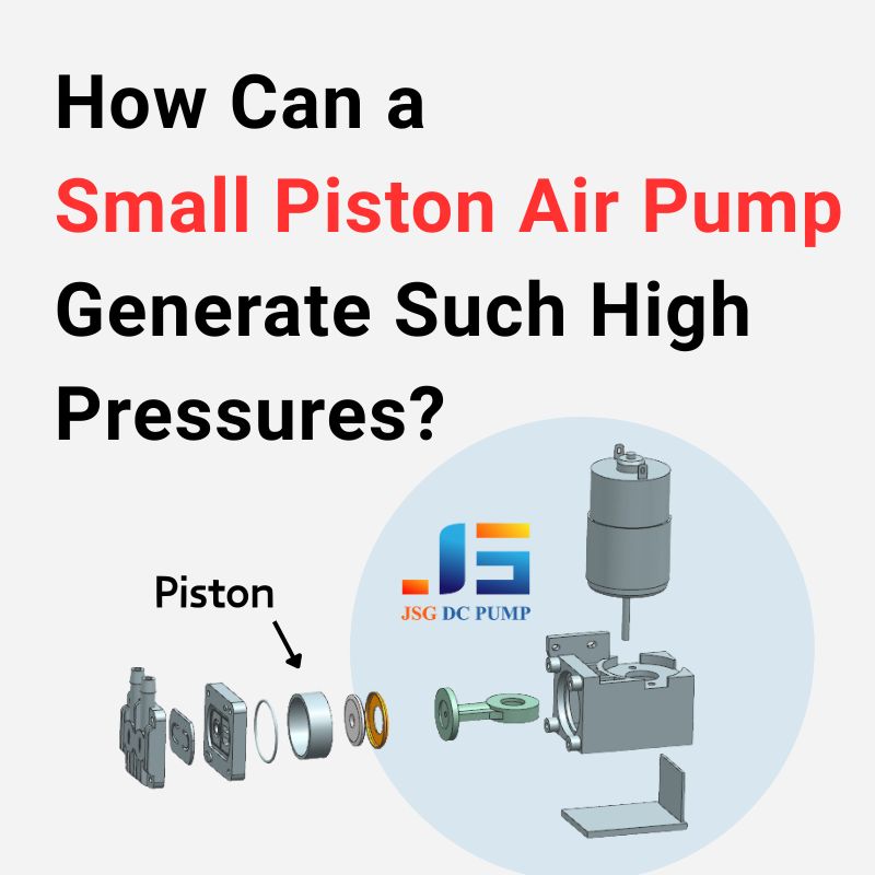 Exploded view of a small piston air pump with labeled piston, showing how compact pumps generate high pressure, with JSG DC PUMP logo.
