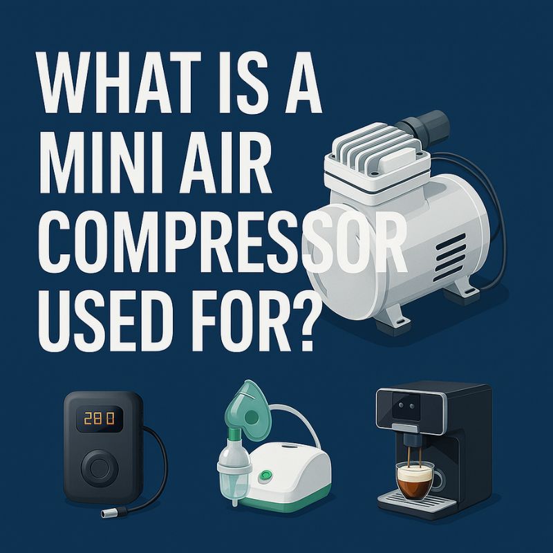 Mini air compressor usage examples including tire inflator, nebulizer, and espresso machine