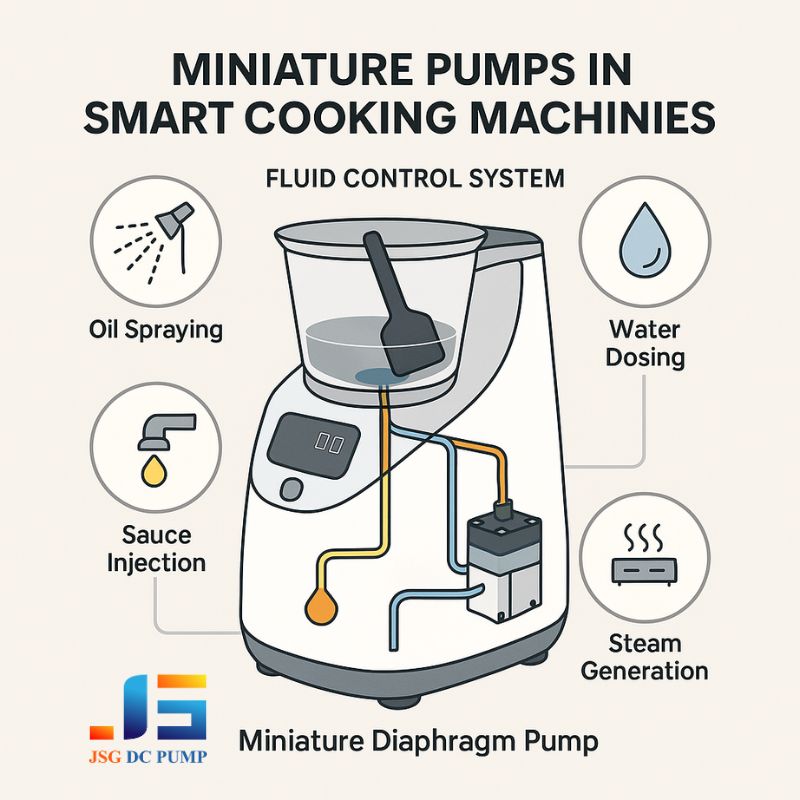 Miniature diaphragm pumps powering oil, water, sauce, and steam control in a smart cooking robot.
