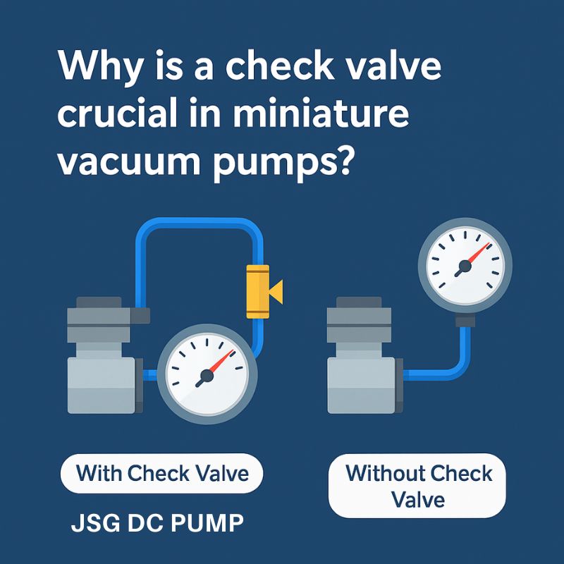 Comparison of vacuum pump systems with and without check valves, showing pressure gauges and airflow direction