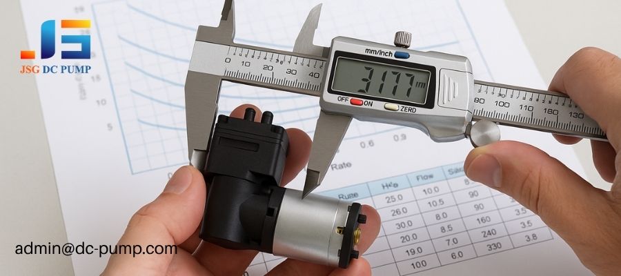 Engineer using digital calipers to measure a micro pump with a technical performance datasheet in the background.