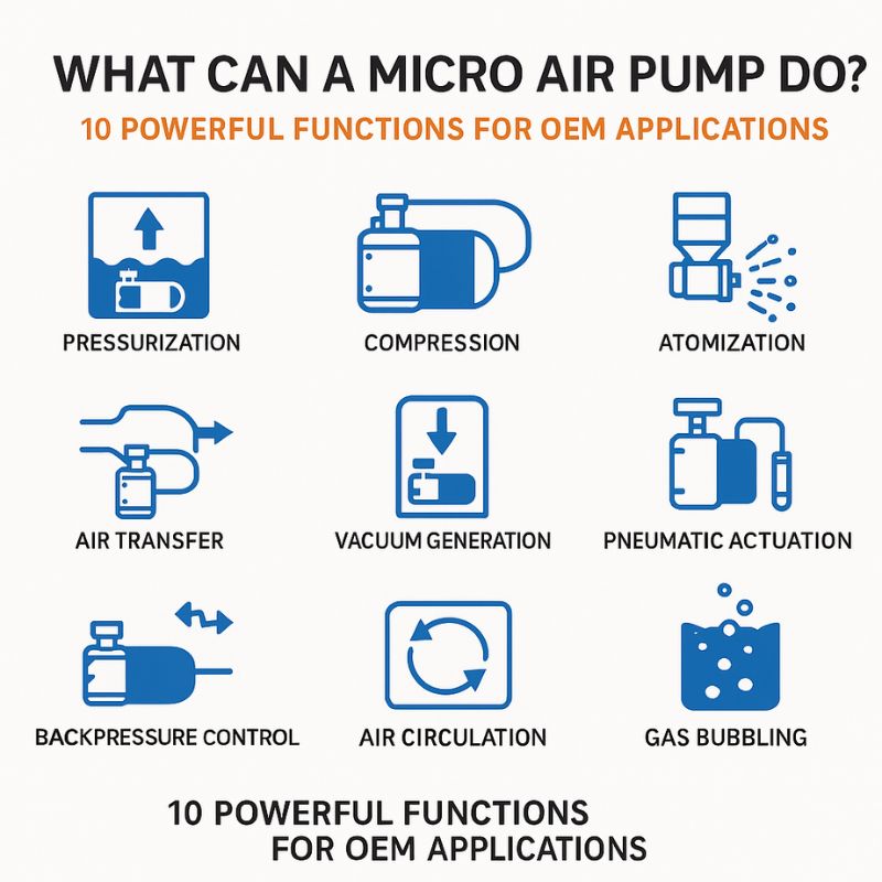 Infographic showing 10 powerful functions of a micro air pump, including pressurization, compression, atomization, vacuum generation, and more.