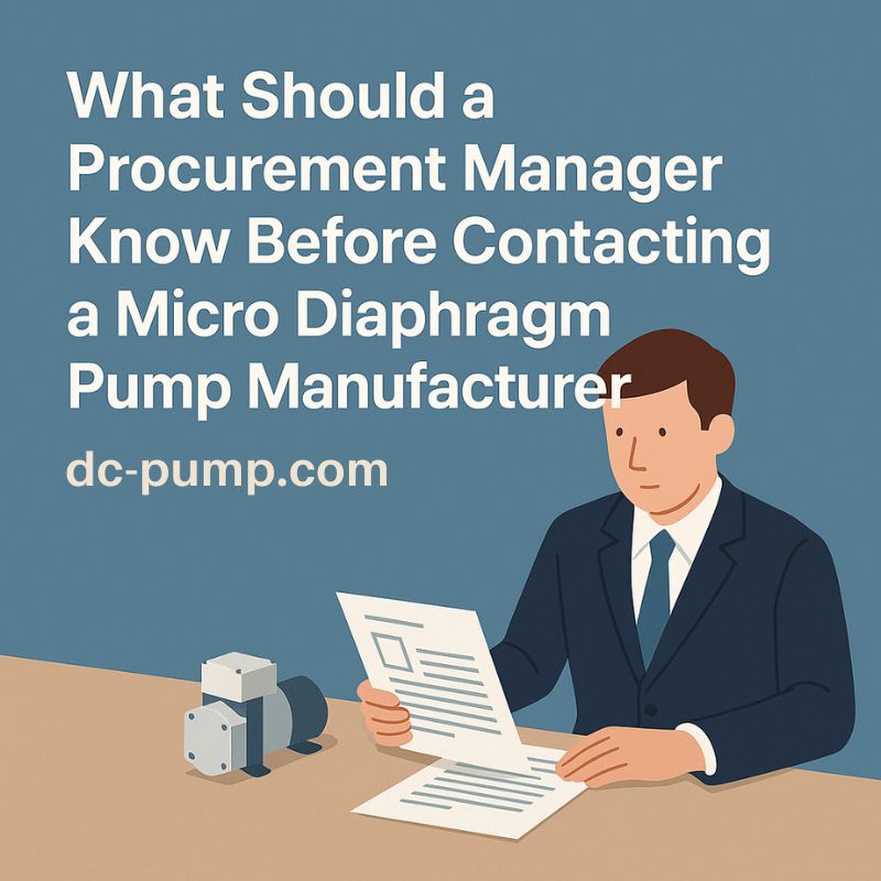 Professional illustration of a procurement manager reviewing technical documents and a micro diaphragm pump sample, representing B2B sourcing preparation before contacting a manufacturer.