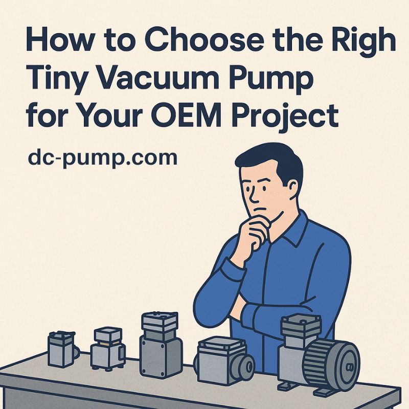 Engineer analyzing different tiny vacuum pumps for OEM selection on a blue background, illustrating micro pump technology and precision design.