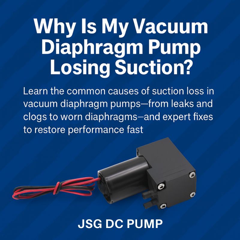 Vacuum diaphragm pump with red and black wires on a blue industrial background, article title “Why Is My Vacuum Diaphragm Pump Losing Suction?”