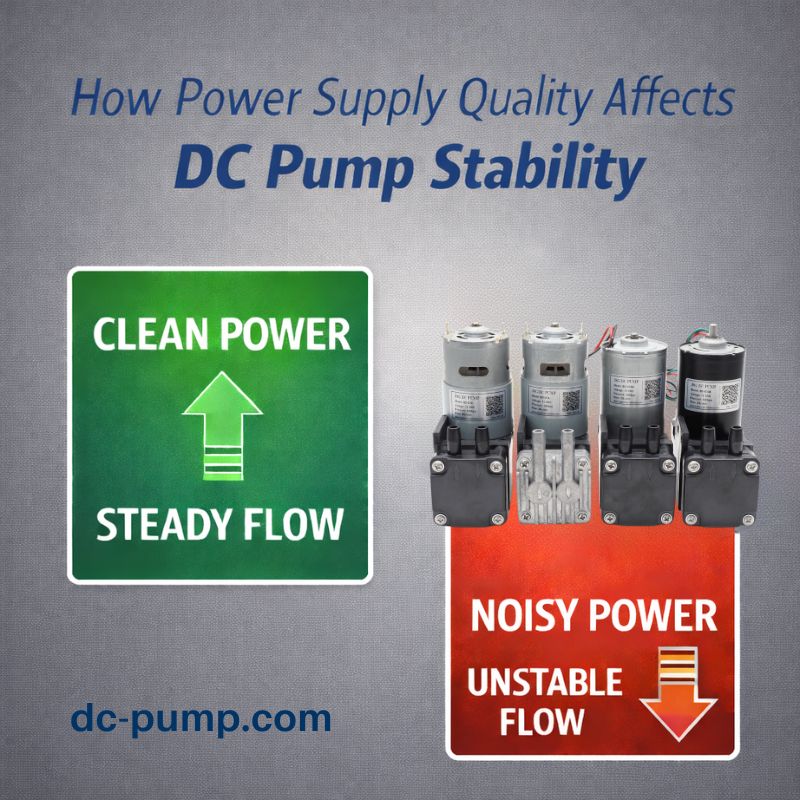 Clean vs noisy power supply comparison showing how power quality affects DC pump stability and flow performance