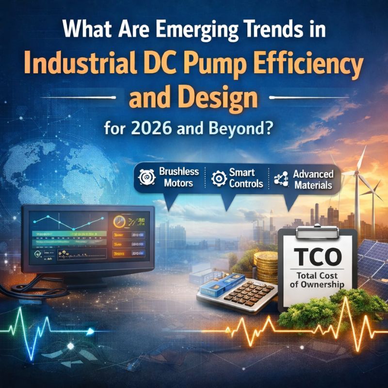 Industrial DC pump efficiency trends illustration highlighting system-level efficiency, brushless motors, smart control, advanced materials, and total cost of ownership (TCO) for 2026 and beyond
