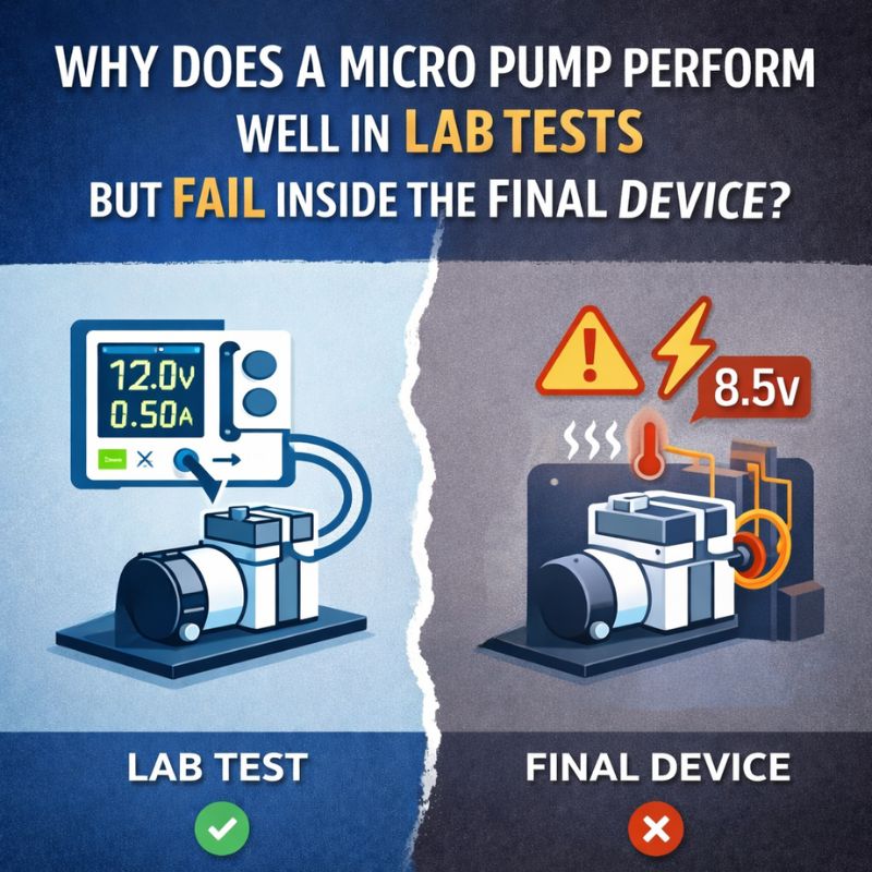 Micro pump performing well in lab test but losing performance inside final device due to system load and power issues