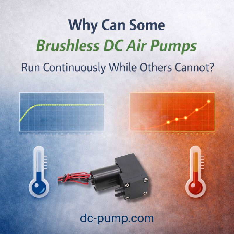 Brushless DC air pump continuous operation comparison showing thermal stability versus overheating under load