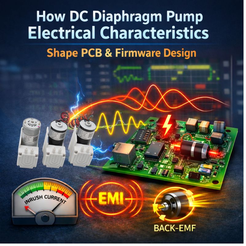 DC diaphragm pump electrical characteristics affecting PCB and firmware design, showing inrush current, EMI, and back-EMF impact