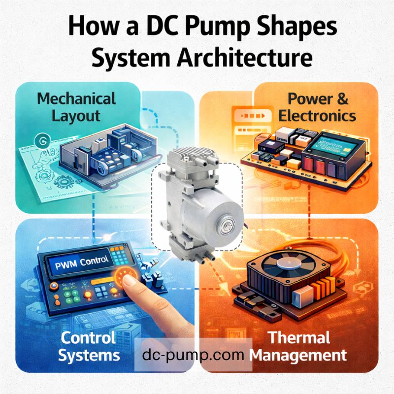 DC pump system architecture infographic showing mechanical layout, power electronics, control systems, and thermal management with central pump placeholder