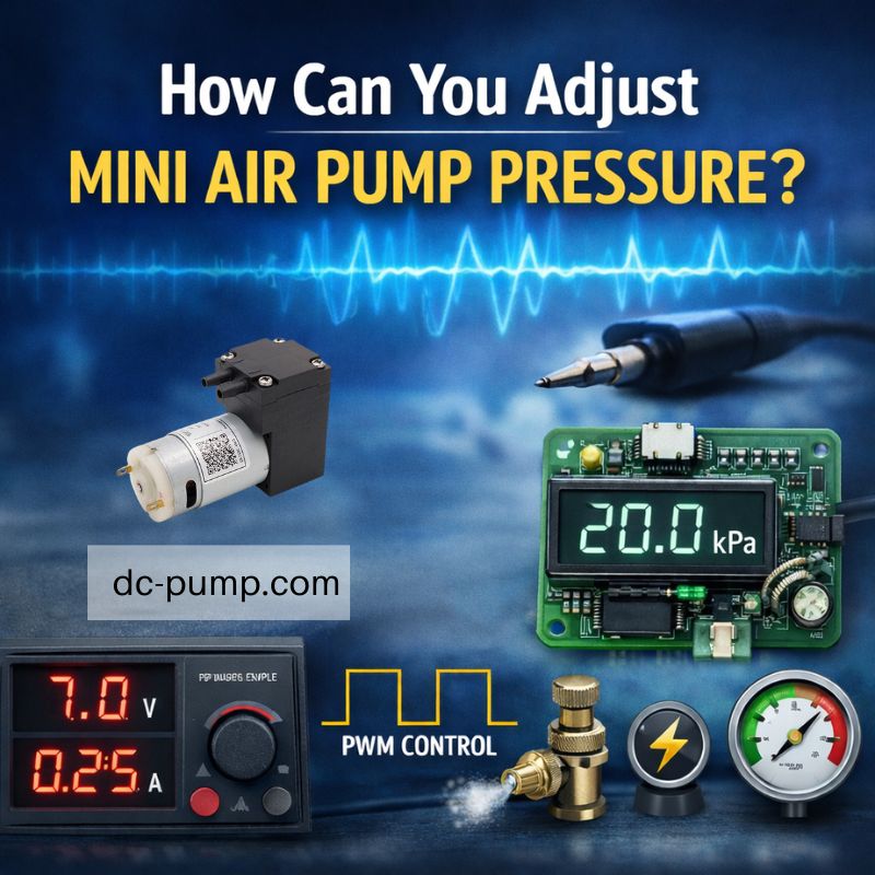 Mini air pump pressure control concept showing PWM control, DC power supply, and digital pressure display