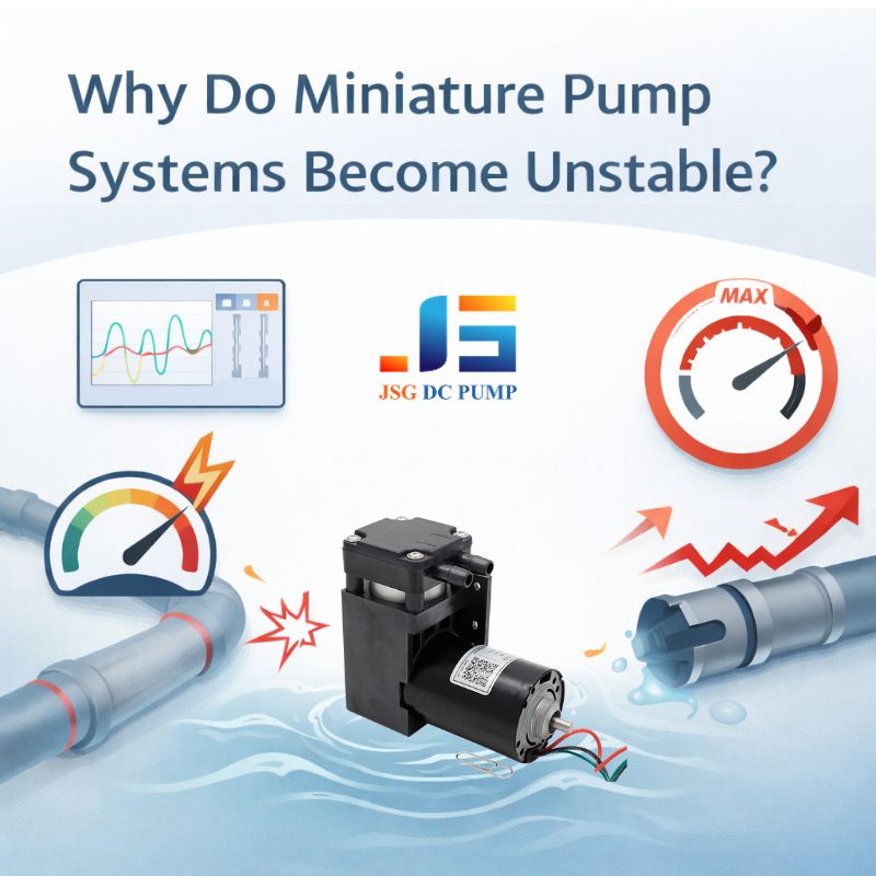 Infographic illustrating miniature pump system instability with pressure fluctuation indicators, oscillation graph, and leak concept