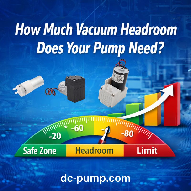 Vacuum headroom concept illustration showing safe zone, headroom margin, and maximum limit in micro vacuum pump selection
